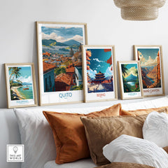 Ecuador Quito Rooftops Travel Poster City View Print Andes Landscape Wall Art South America displayed on a cozy couch.