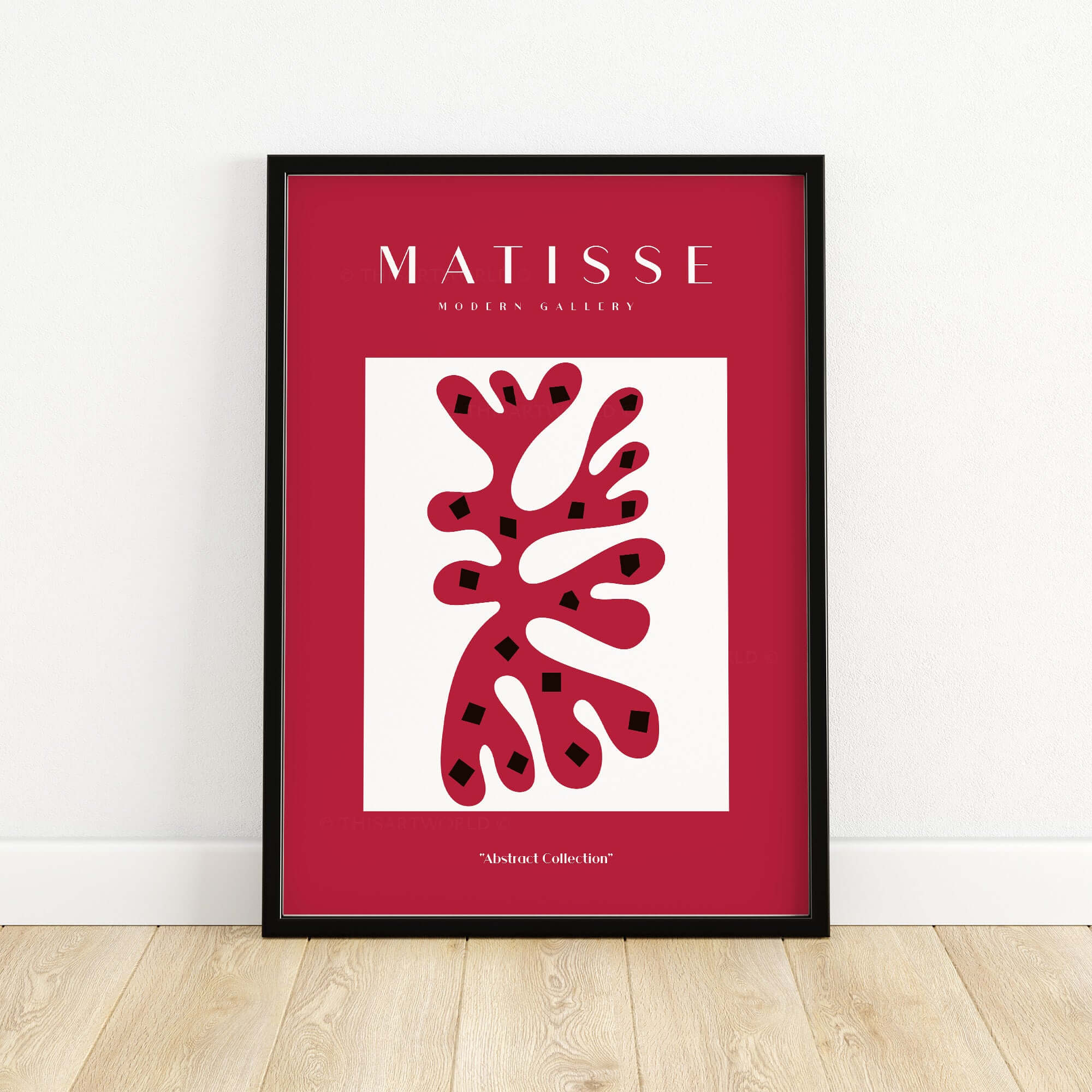 Matisse Art Prints - Red Coral Abstract Black Diamonds Poster showcased in a modern black frame on a wooden floor.