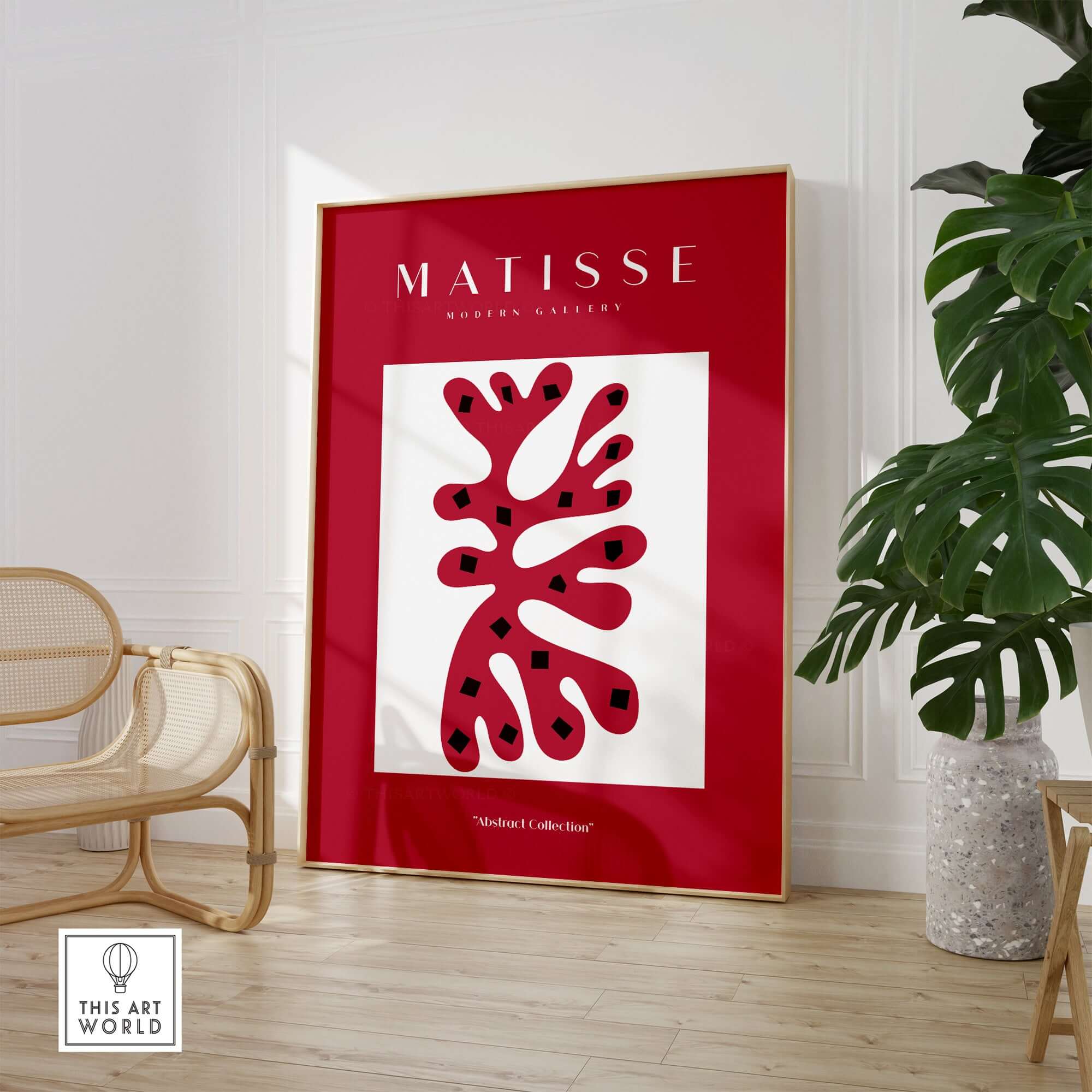 Matisse Art Prints - Red Coral Abstract Black Diamonds Poster displayed in modern interior.