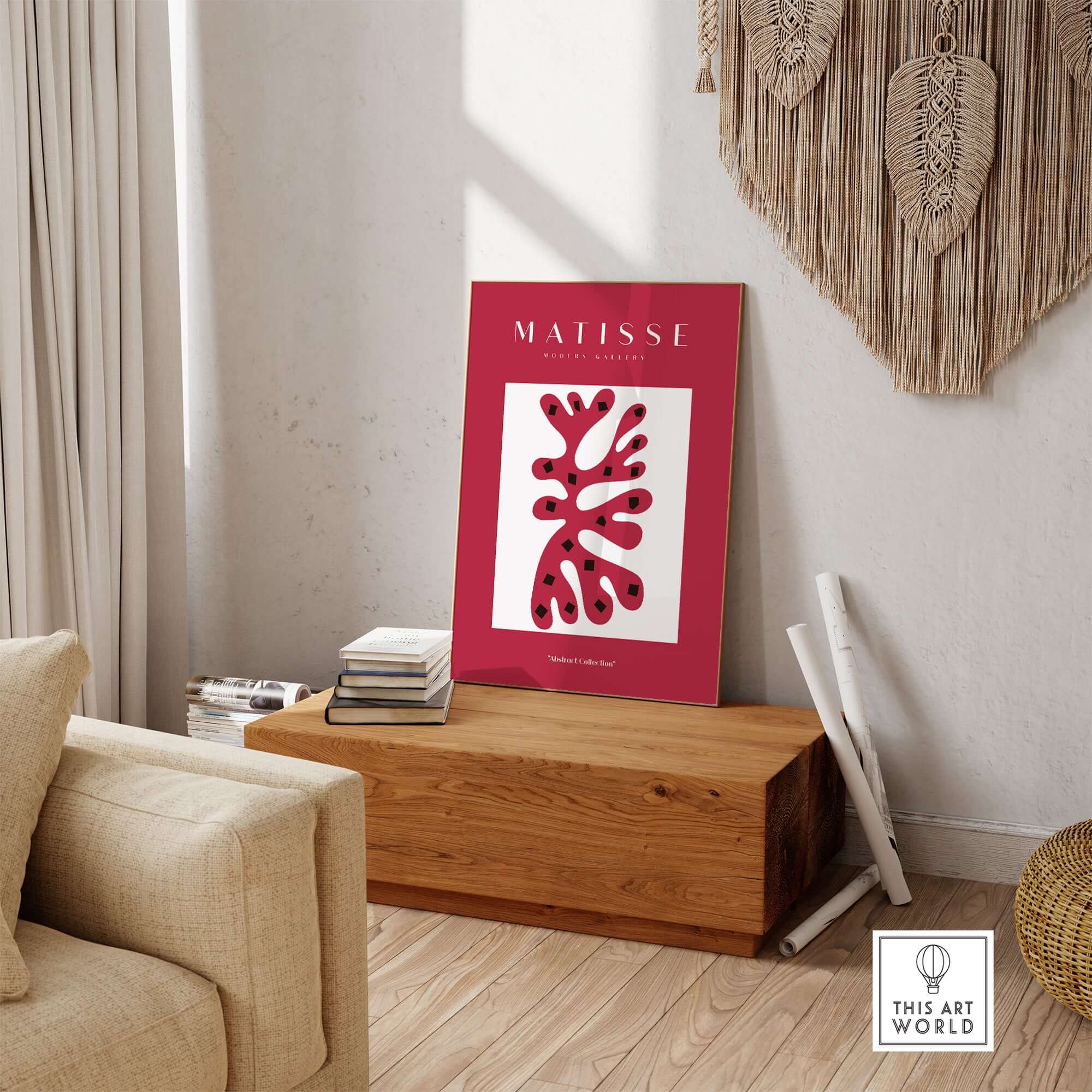 Matisse Art Prints - Red Coral Abstract Black Diamonds Poster showcased in a stylish home setting with warm decor.