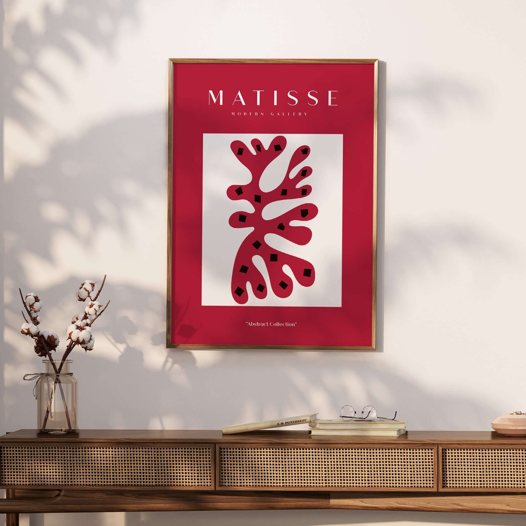 Matisse Art Prints - Red Coral Abstract Black Diamonds Poster displayed in stylish decor.