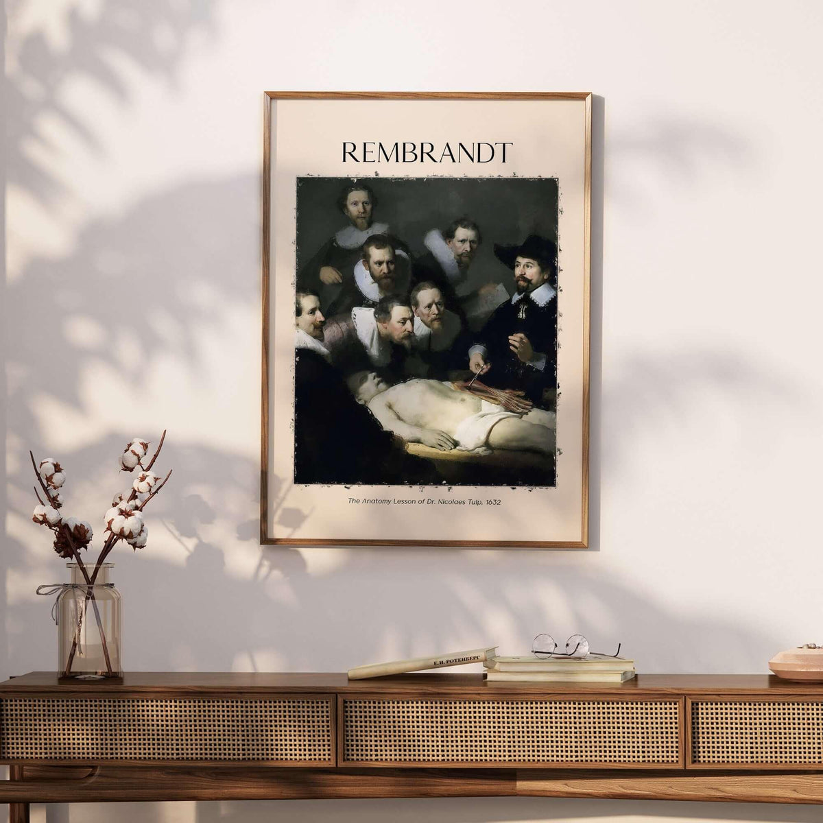 Rembrandt Anatomy Lesson Dr Tulp 1632 Group Portrait Art Print Dutch Master Poster displayed in a modern living room setting.
