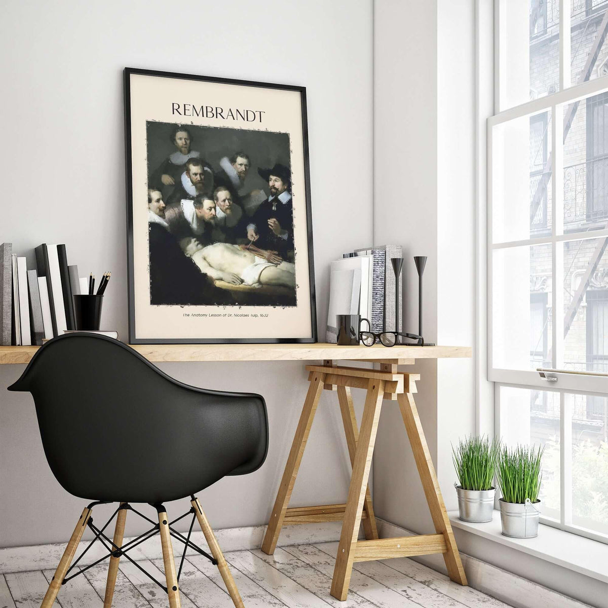 Rembrandt Anatomy Lesson Dr Tulp 1632 Group Portrait Art Print Dutch Master Poster displayed in a stylish office workspace.