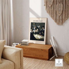 Rembrandt Anatomy Lesson Dr Tulp 1632 Group Portrait Art Print Dutch Master Poster displayed in a modern living room setting.