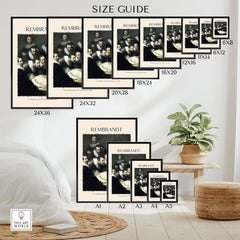 Size guide for Rembrandt Anatomy Lesson Dr Tulp 1632 Group Portrait Art Print Dutch Master Poster in various dimensions.