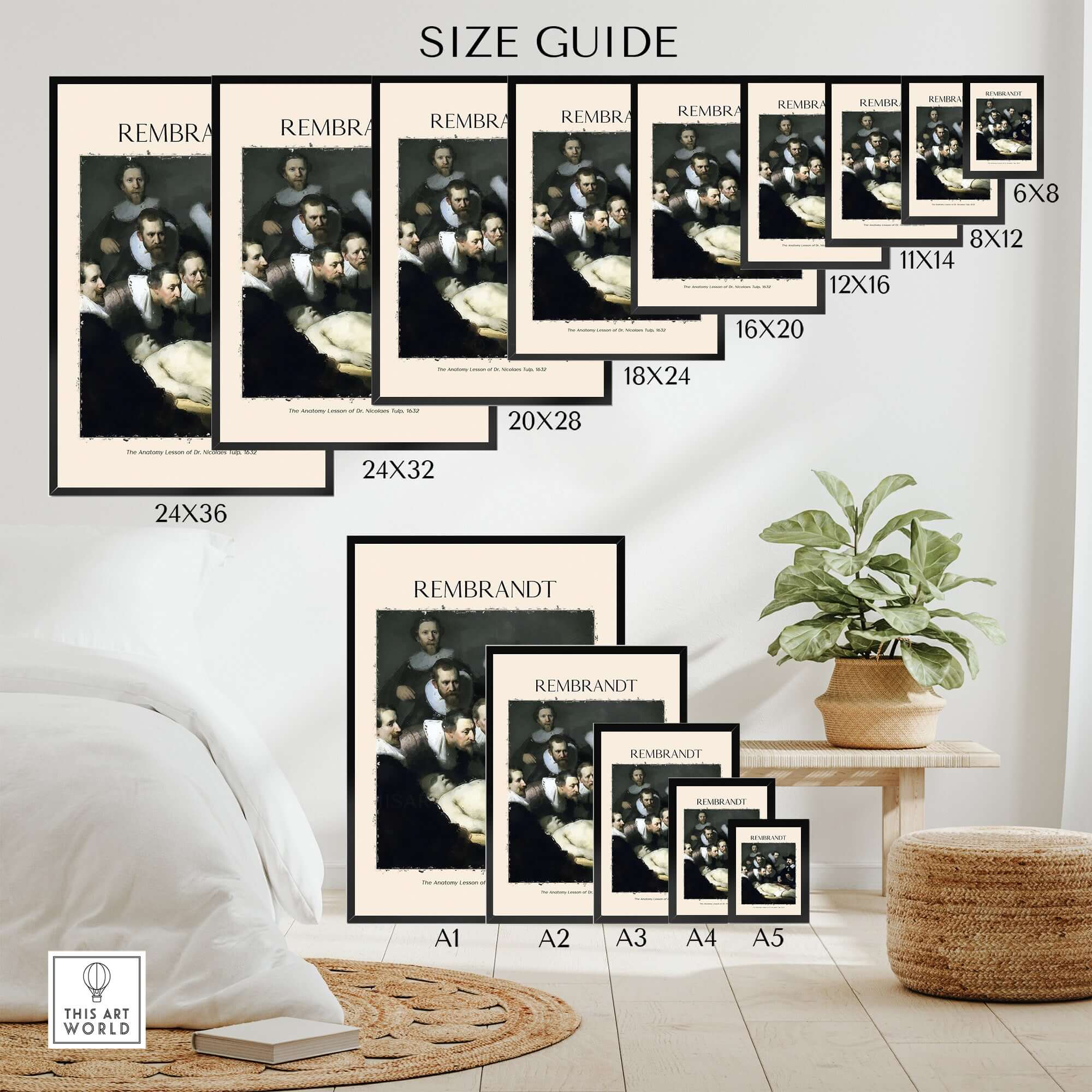 Size guide for Rembrandt Anatomy Lesson Dr Tulp 1632 Group Portrait Art Print Dutch Master Poster in various dimensions.