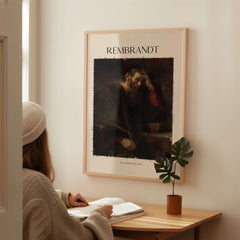 Rembrandt The Apostle Paul 1657 Religious Art Print Baroque Painting Poster on wall with person studying.