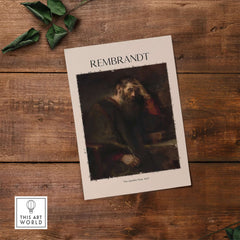 Rembrandt The Apostle Paul 1657 Religious Art Print Baroque Painting Poster on wooden background.