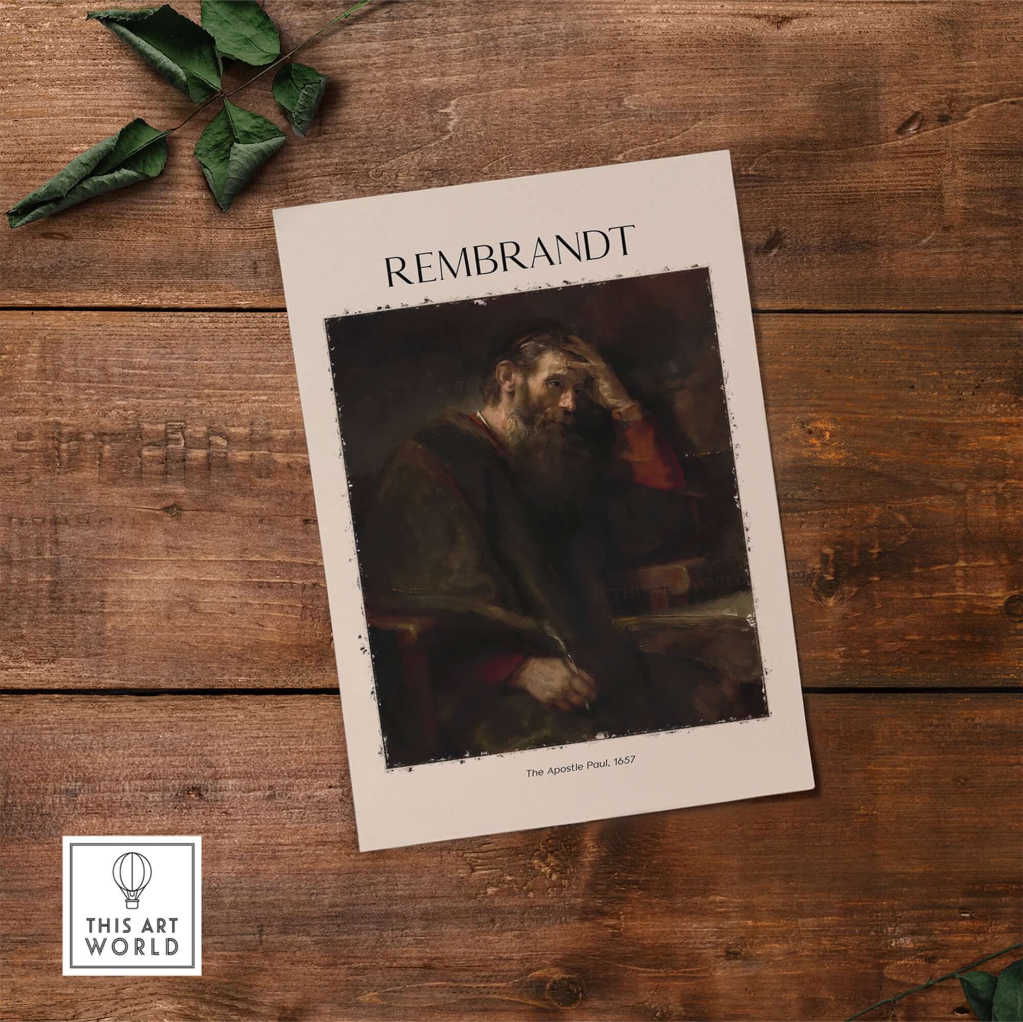 Rembrandt The Apostle Paul 1657 Religious Art Print Baroque Painting Poster on wooden background.