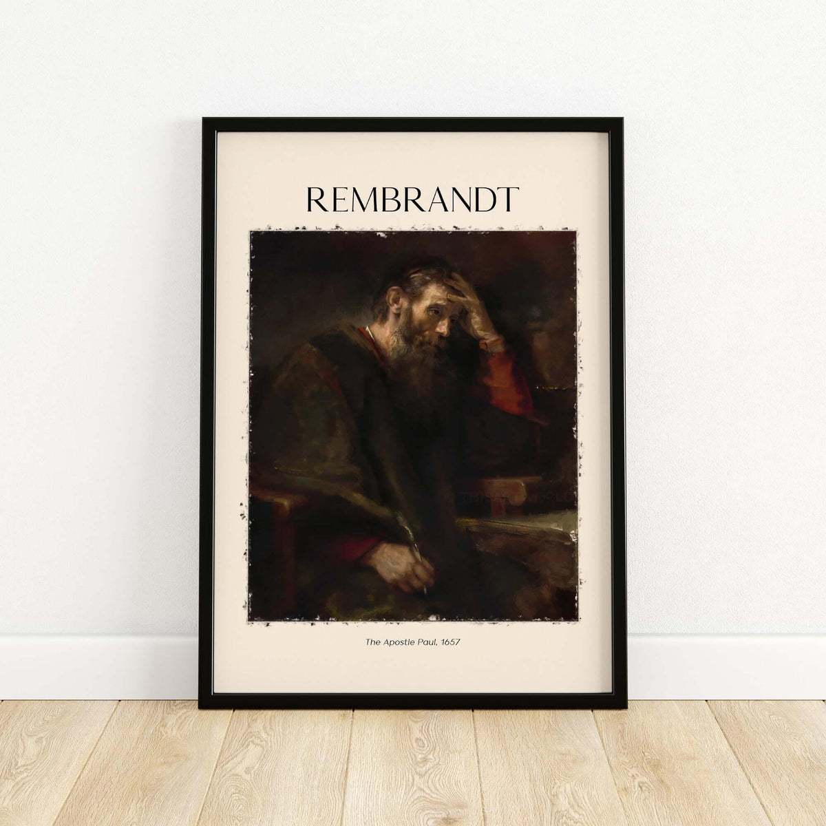 Rembrandt The Apostle Paul 1657 Religious Art Print Baroque Painting Poster framed print on a wooden floor.