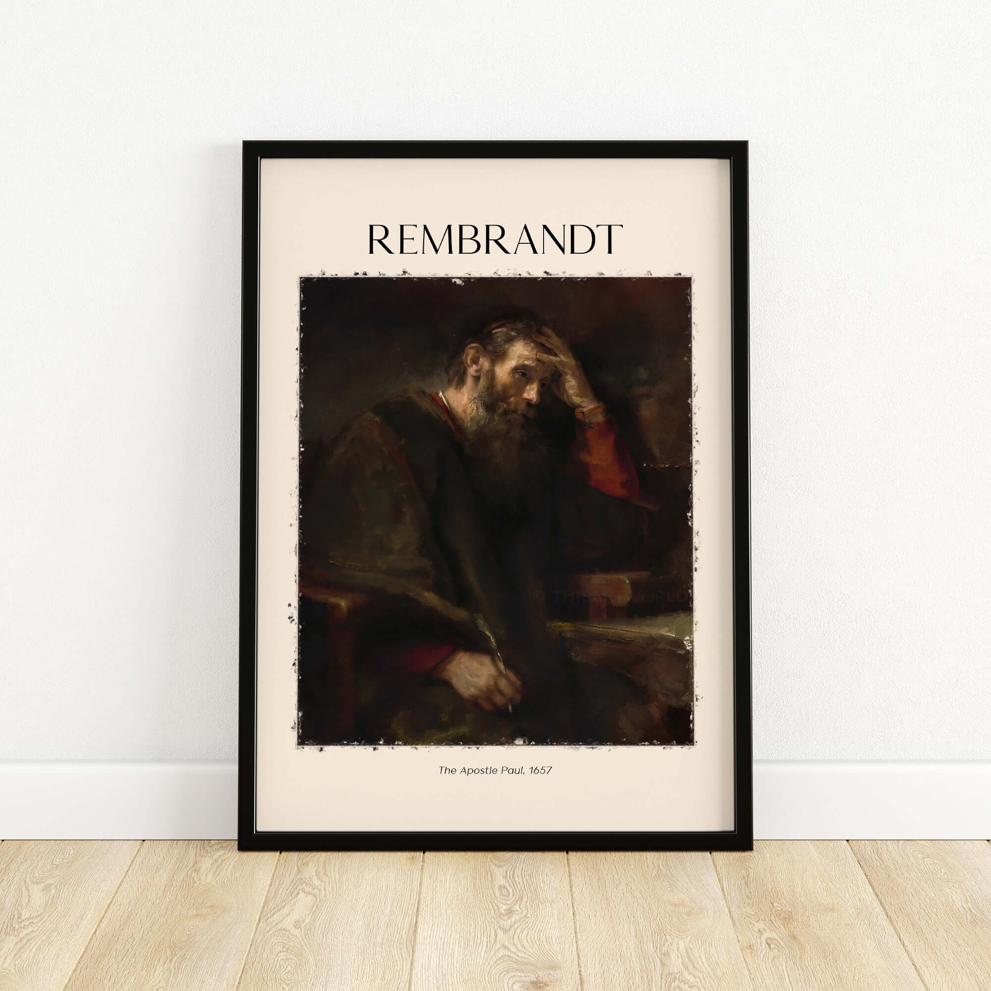 Rembrandt The Apostle Paul 1657 Religious Art Print Baroque Painting Poster framed print on a wooden floor.