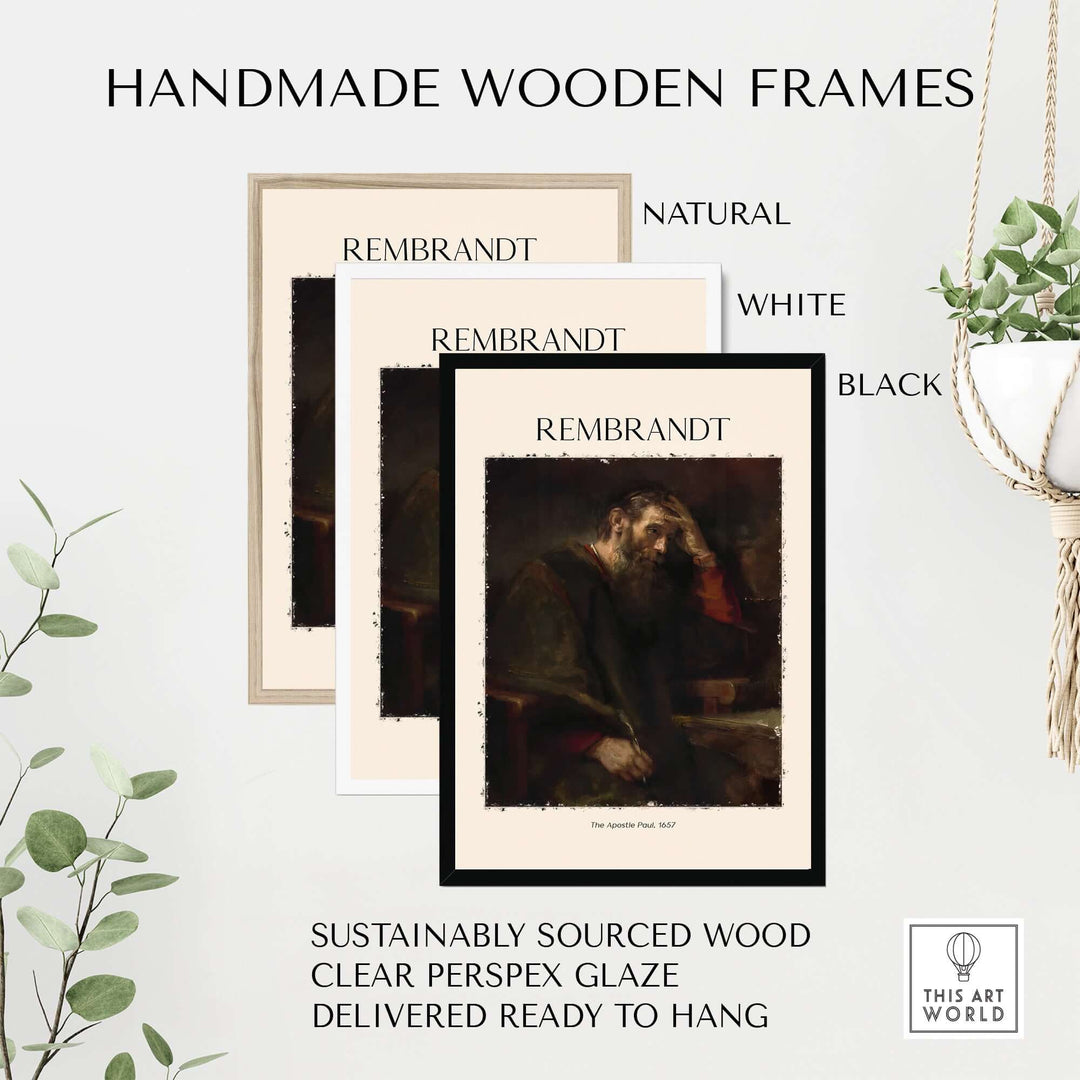 Handmade wooden frames for Rembrandt's art print in natural, white, and black finishes, ready to hang.