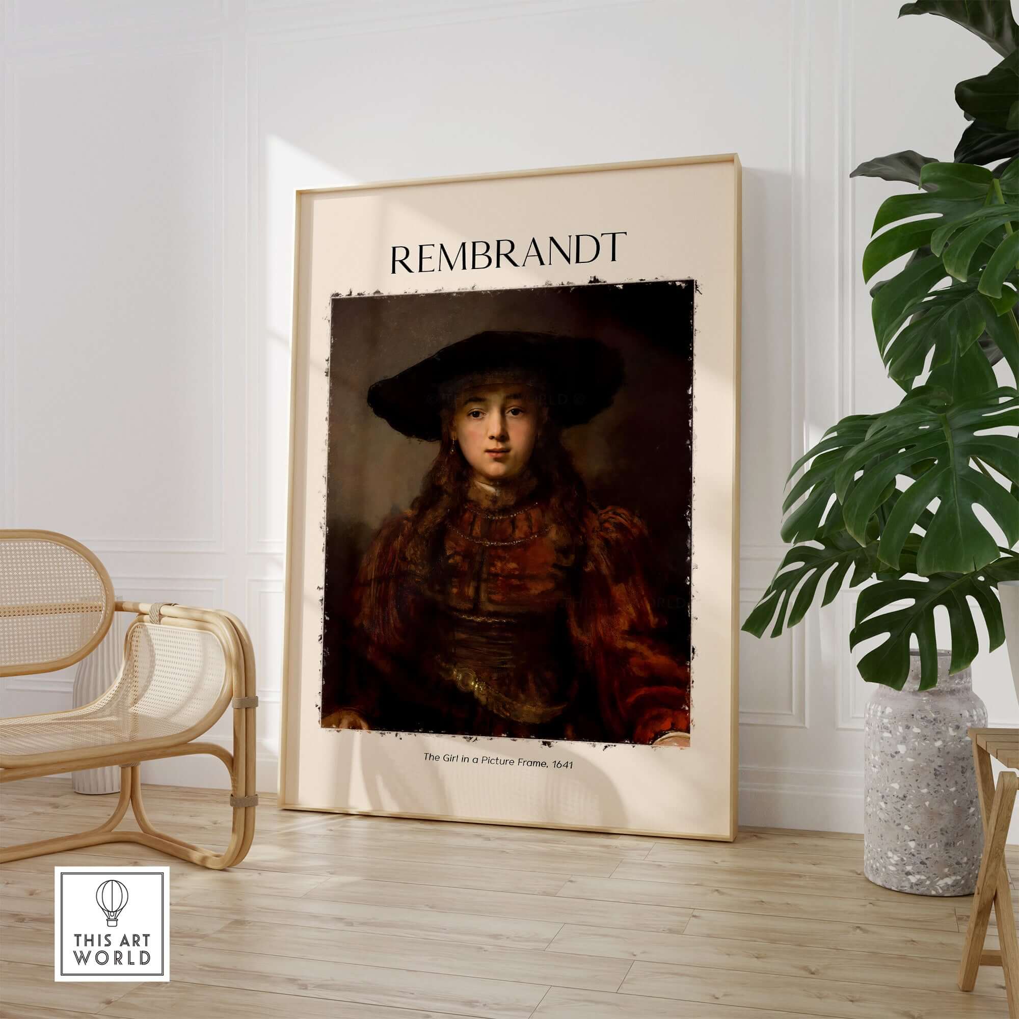 Rembrandt Girl Picture Frame 1641 Portrait Art Print Dutch Golden Age Poster Decor in modern interior setting.
