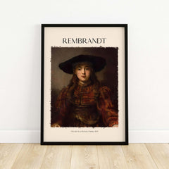 Rembrandt Girl Picture Frame 1641 Portrait Art Print Dutch Golden Age Poster Decor displayed in a black frame on a wall.