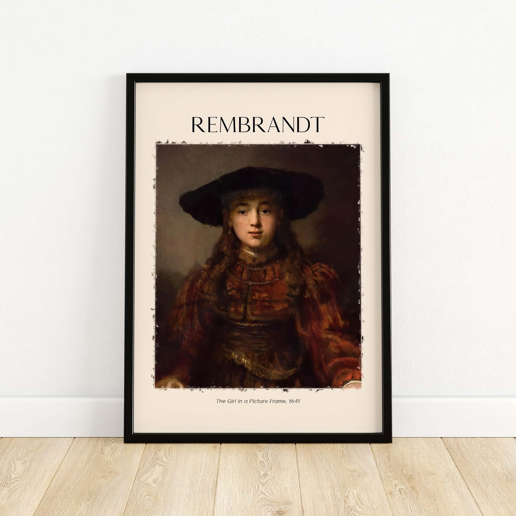 Rembrandt Girl Picture Frame 1641 Portrait Art Print Dutch Golden Age Poster Decor displayed in a black frame on a wall.