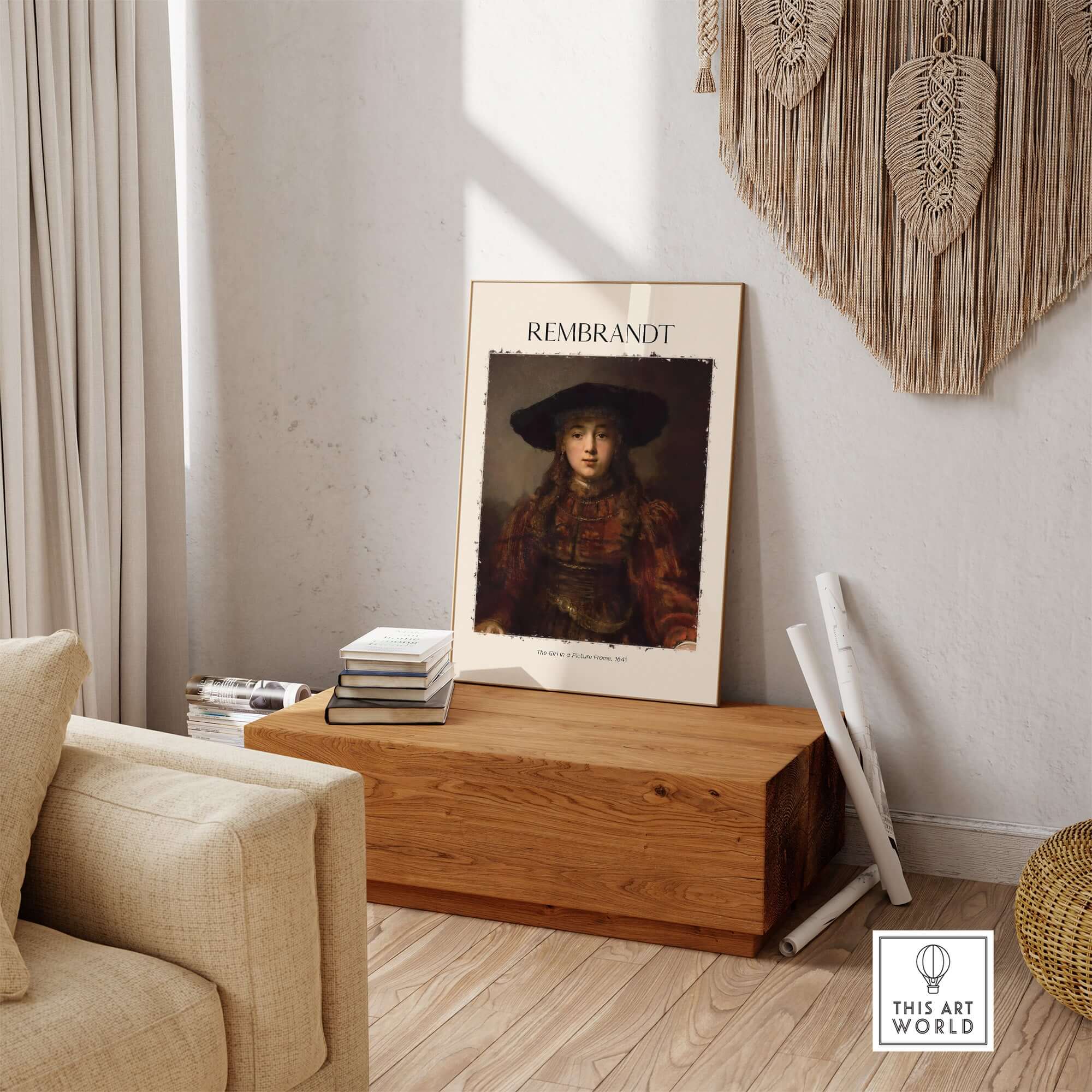 Rembrandt Girl Picture Frame 1641 Portrait Art Print Dutch Golden Age Poster Decor displayed in a cozy living space.