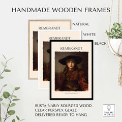 Handmade wooden frames in natural, white, and black for Rembrandt art prints, featuring sustainably sourced wood and clear glaze.