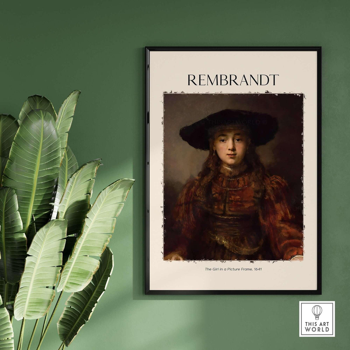 Rembrandt Girl Picture Frame 1641 Portrait Art Print Dutch Golden Age Poster Decor displayed on a green wall.