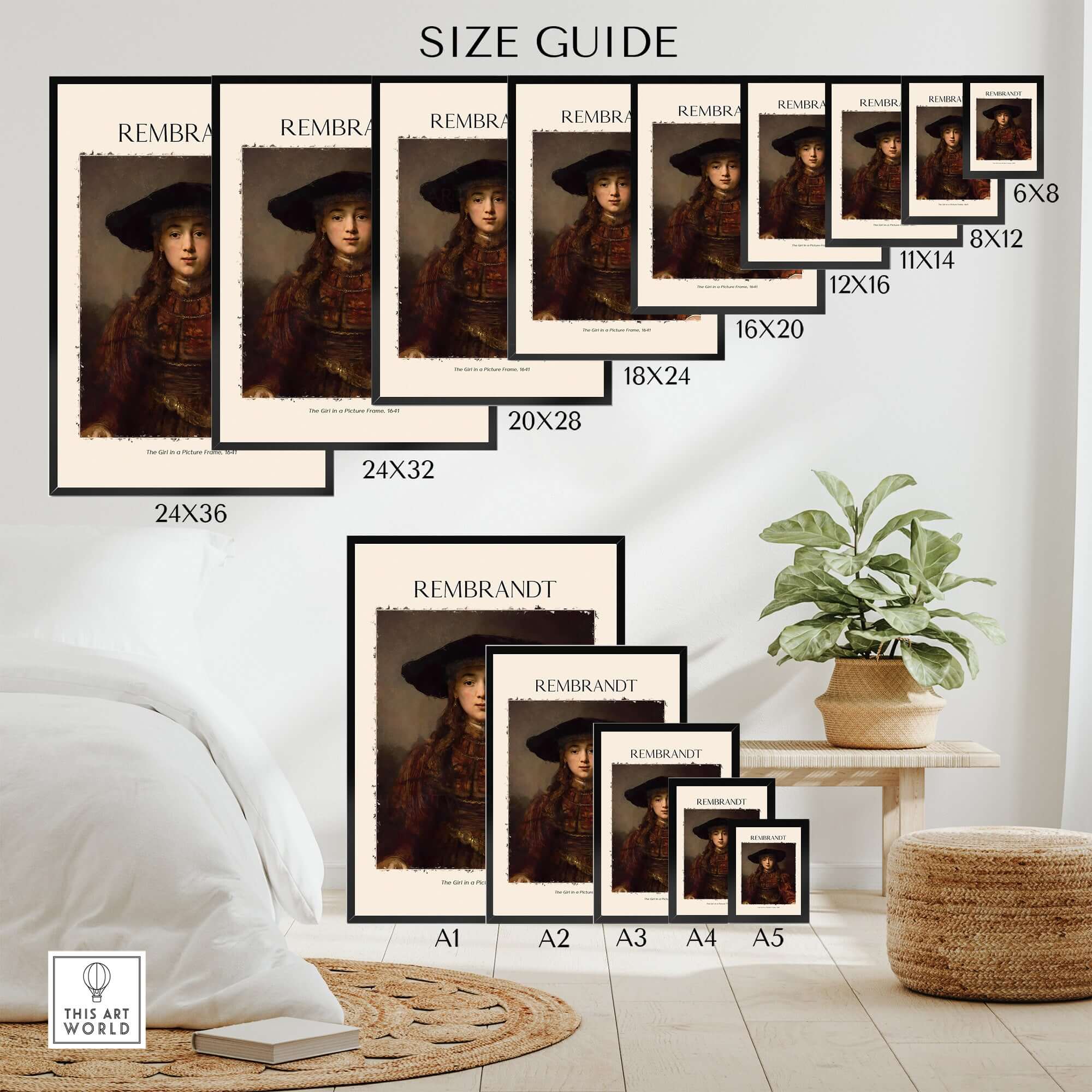 Size guide for Rembrandt Girl Picture Frame 1641 Portrait Art Print Dutch Golden Age Poster Decor in various dimensions.