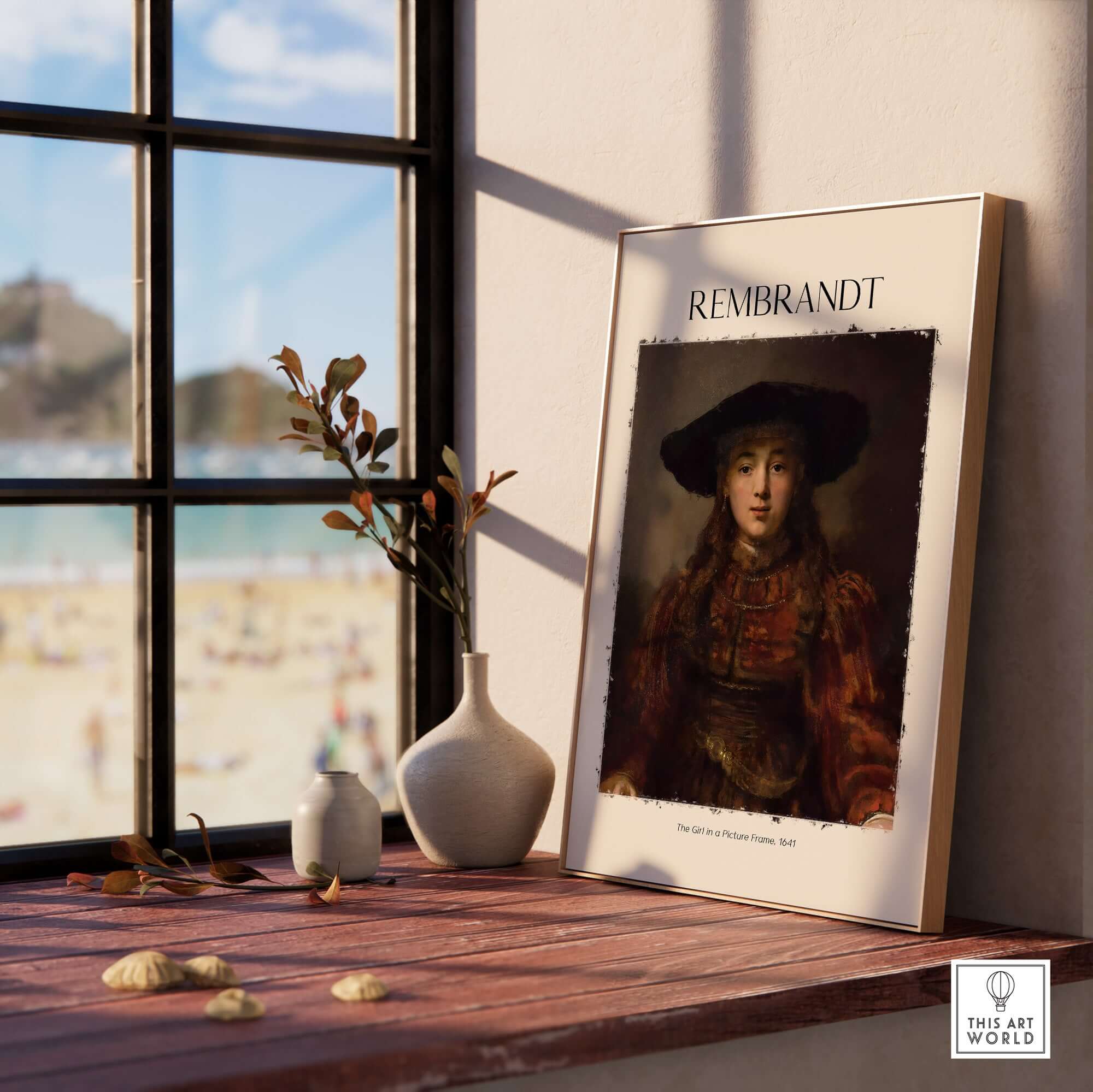 Rembrandt Girl Picture Frame 1641 Portrait Art Print Dutch Golden Age Poster Decor displayed on a window sill.