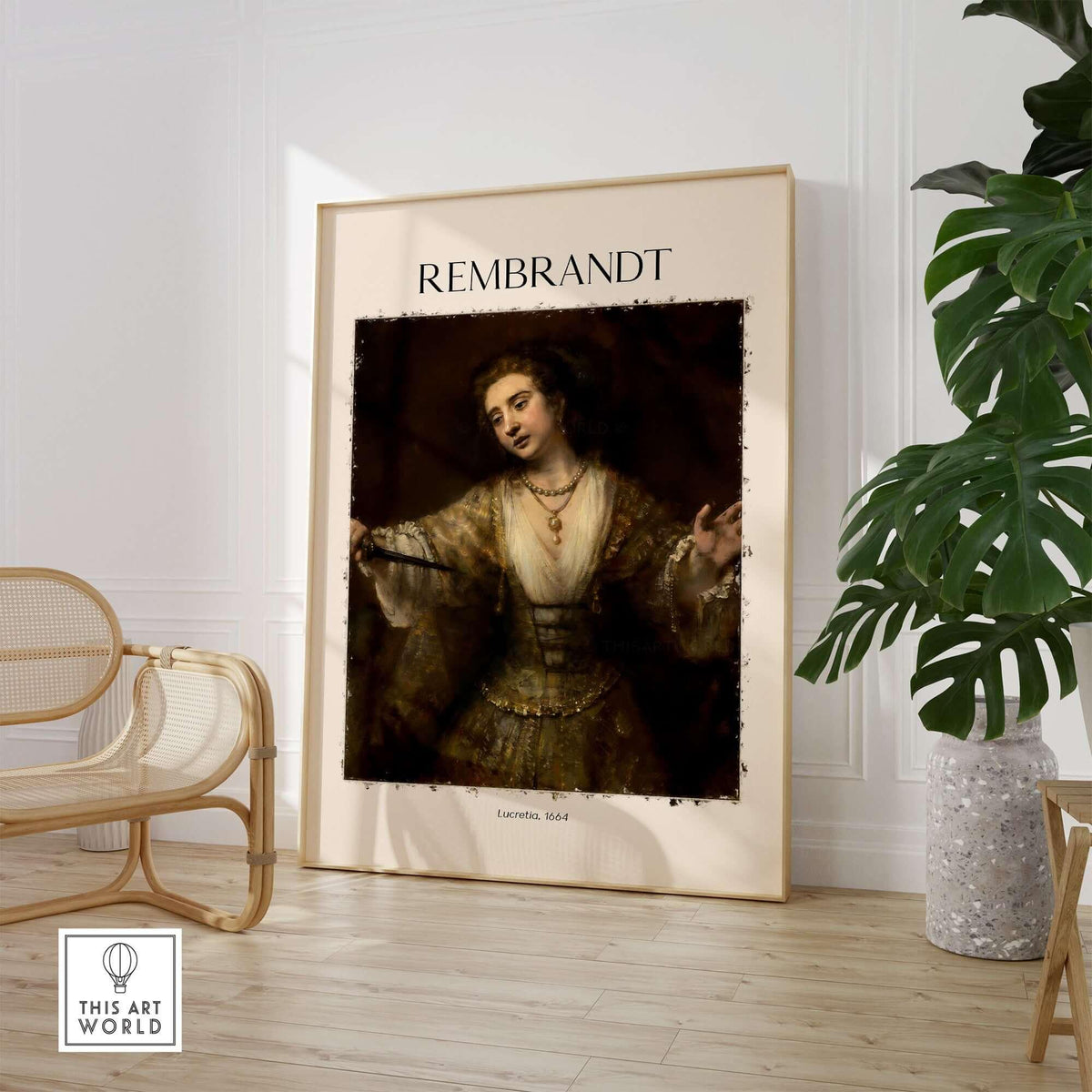 Rembrandt Lucretia 1664 Painting Art Print Baroque Historical Poster Wall Decor in stylish interior setting.