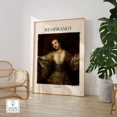 Rembrandt Lucretia 1664 Painting Art Print Baroque Historical Poster Wall Decor in stylish interior setting.
