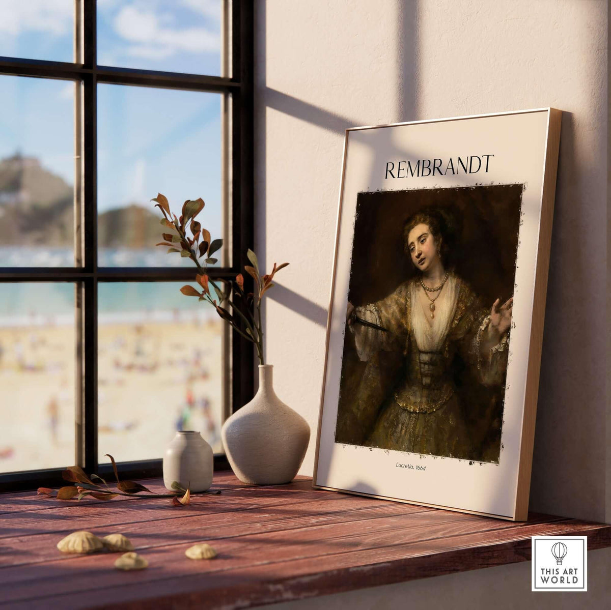 Rembrandt Lucretia 1664 Painting Art Print Baroque Historical Poster Wall Decor displayed on a windowsill.