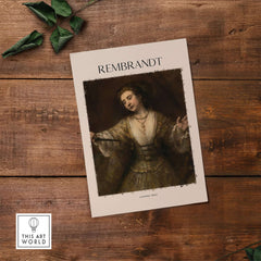 Rembrandt Lucretia 1664 Painting Art Print Baroque Historical Poster Wall Decor on rustic wooden table.