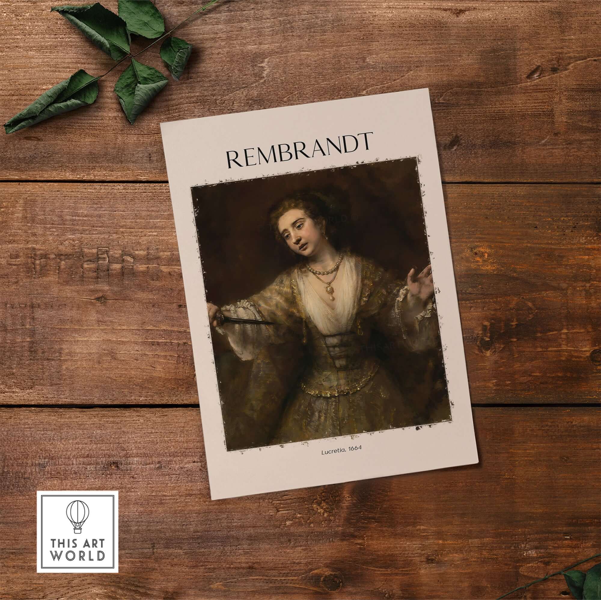 Rembrandt Lucretia 1664 Painting Art Print Baroque Historical Poster Wall Decor on rustic wooden table.