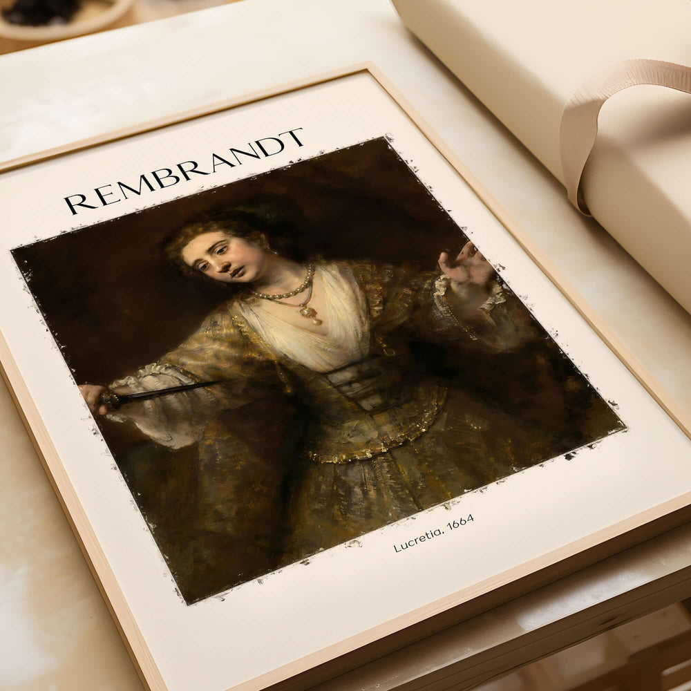 Rembrandt Lucretia 1664 Painting Art Print Baroque Historical Poster Wall Decor displayed in a modern frame.