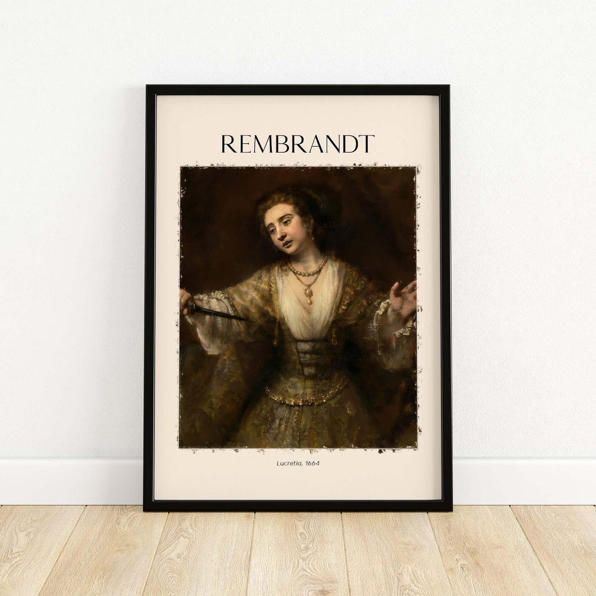 Rembrandt Lucretia 1664 Painting Art Print Baroque Historical Poster Wall Decor displayed in a frame.
