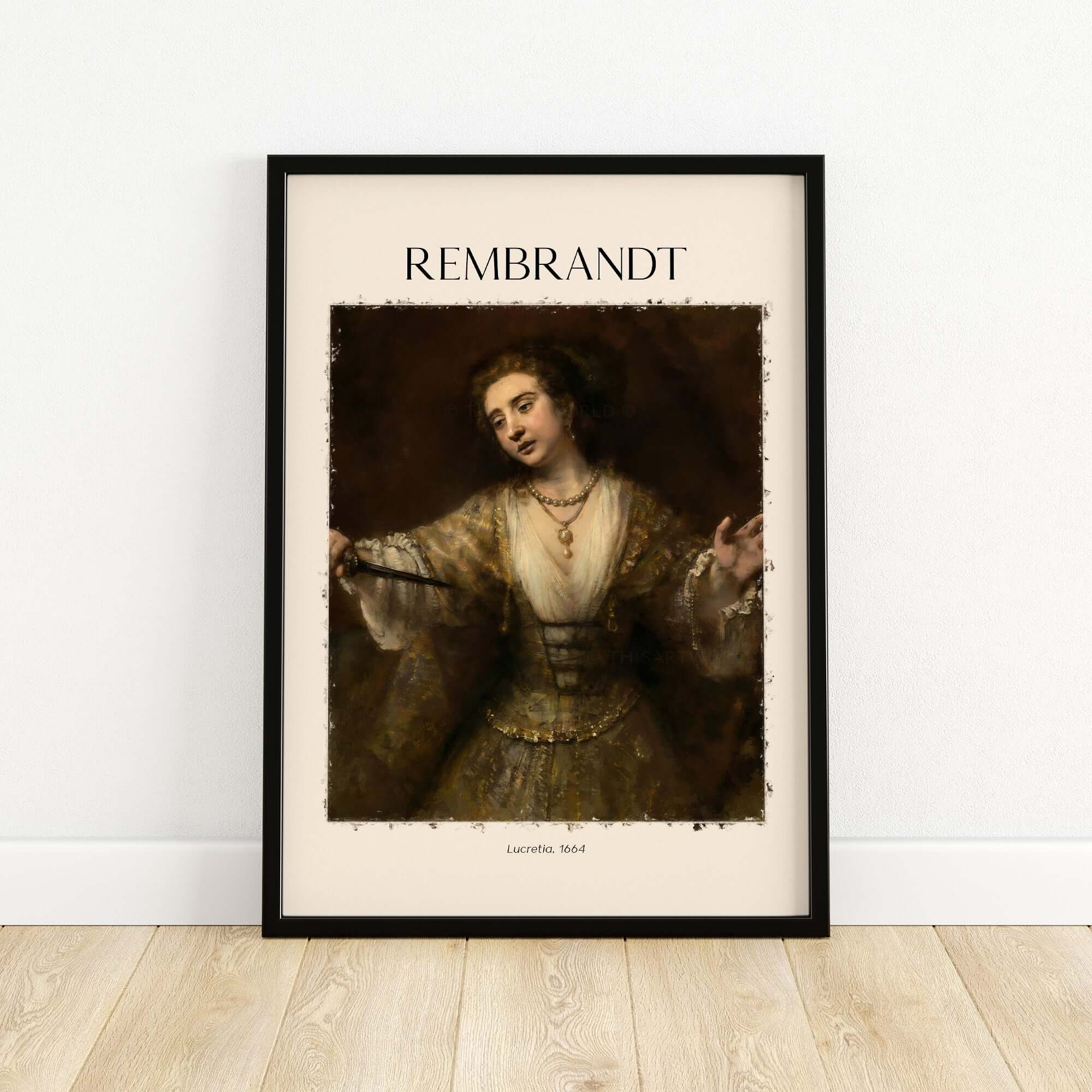 Rembrandt Lucretia 1664 Painting Art Print Baroque Historical Poster Wall Decor displayed in a frame.