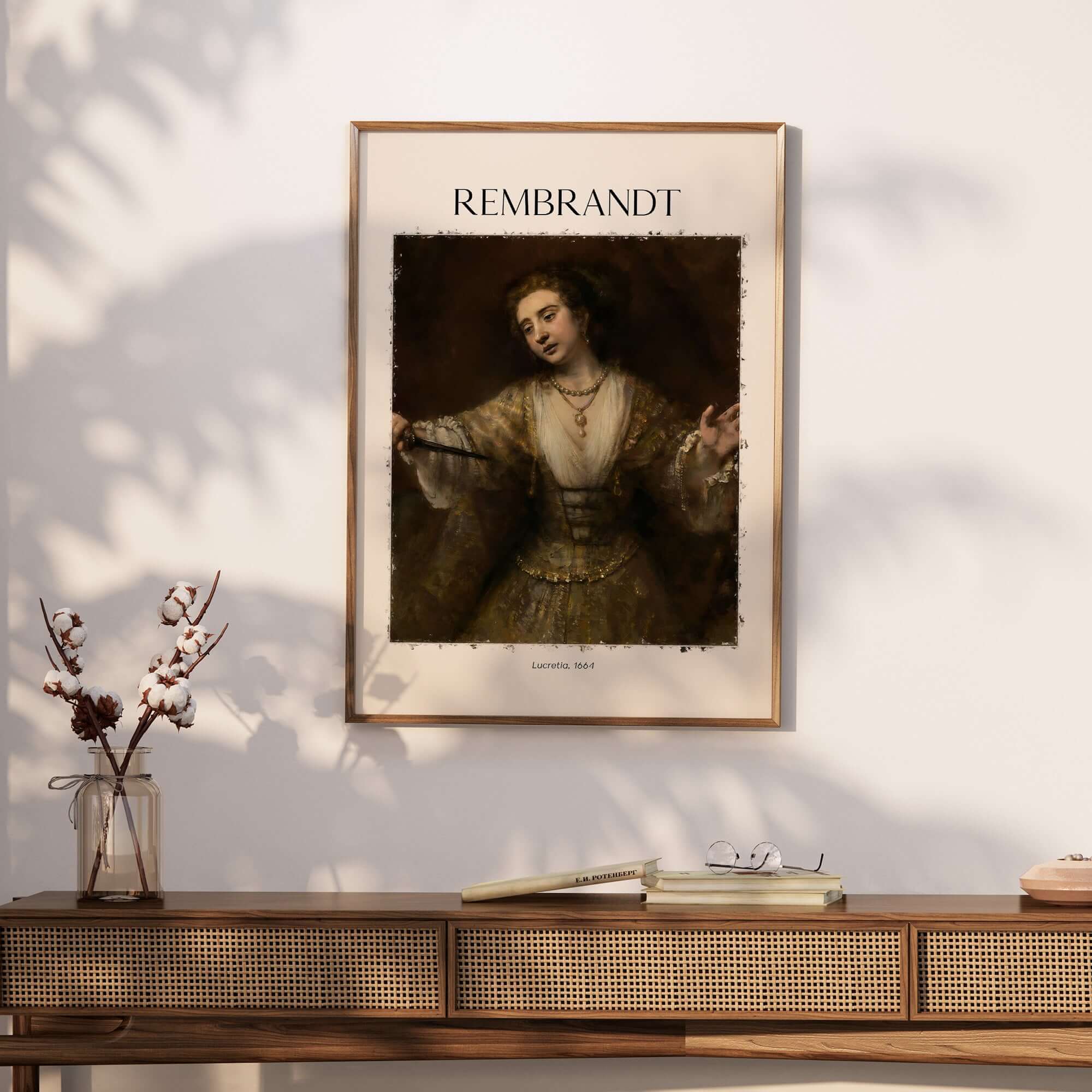 Rembrandt Lucretia 1664 Painting Art Print Baroque Historical Poster Wall Decor displayed in modern interior setting.
