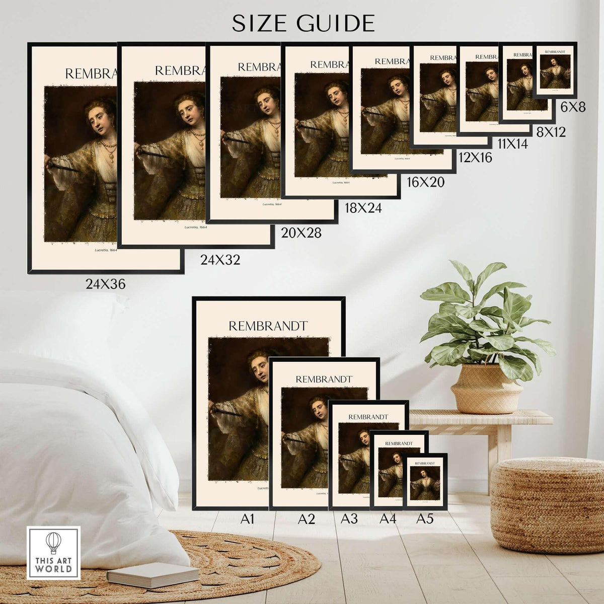 Rembrandt Lucretia 1664 Painting Art Print Baroque Historical Poster Wall Decor size guide in various dimensions
