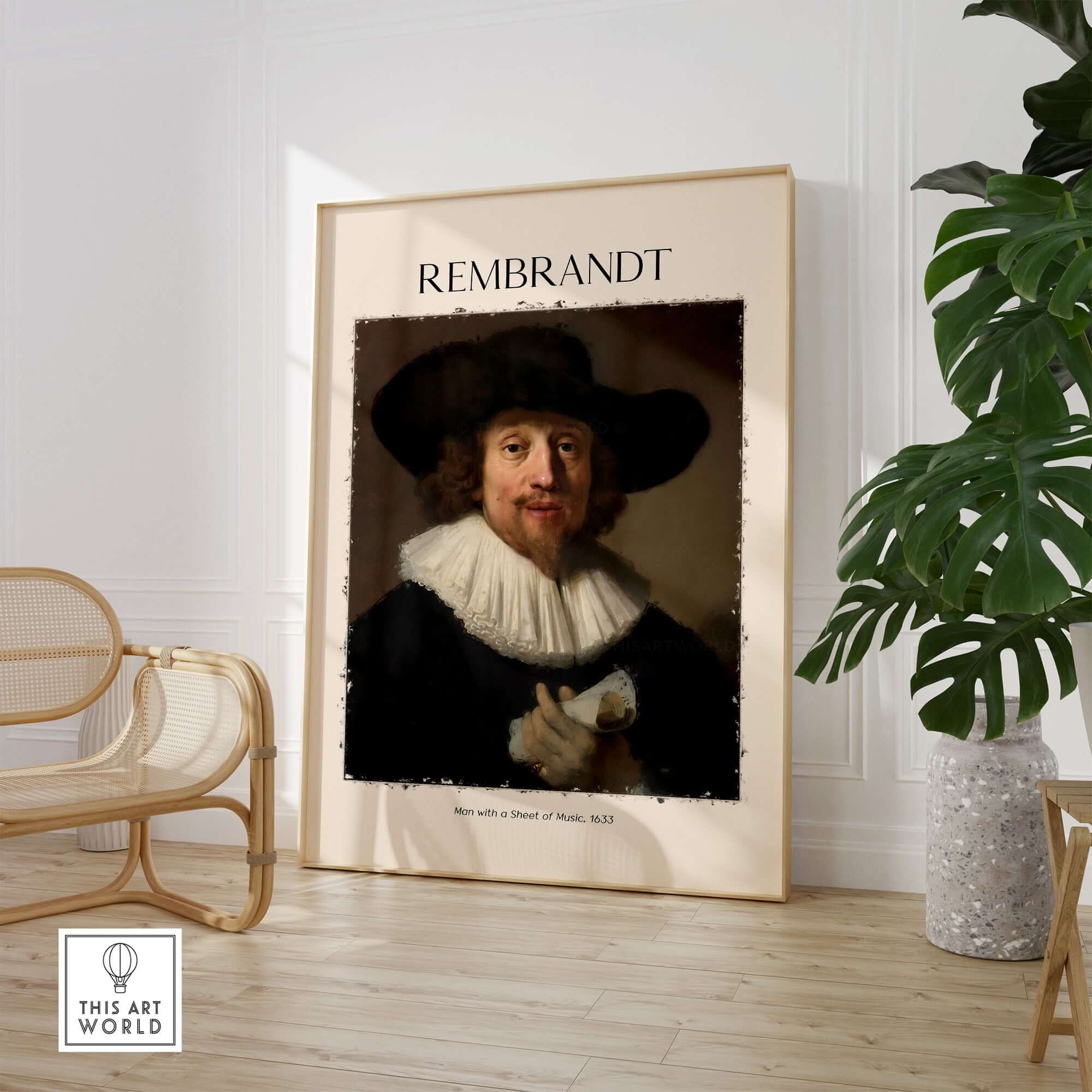 Rembrandt Man with Sheet Music 1633 Portrait Art Print Dutch Master Poster displayed in a stylish interior setting.