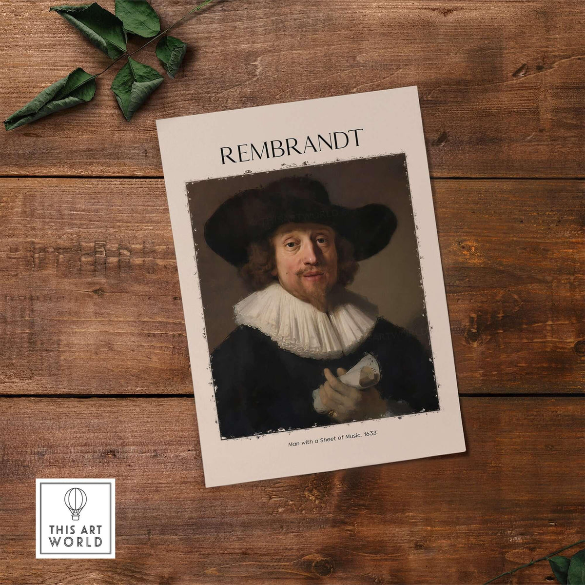 Rembrandt Man with Sheet Music 1633 Portrait Art Print Dutch Master Poster on wooden background.