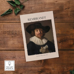 Rembrandt Man with Sheet Music 1633 Portrait Art Print Dutch Master Poster on wooden background.