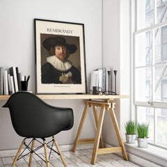 Rembrandt Man with Sheet Music 1633 Portrait Art Print Dutch Master Poster displayed in a modern office setting.