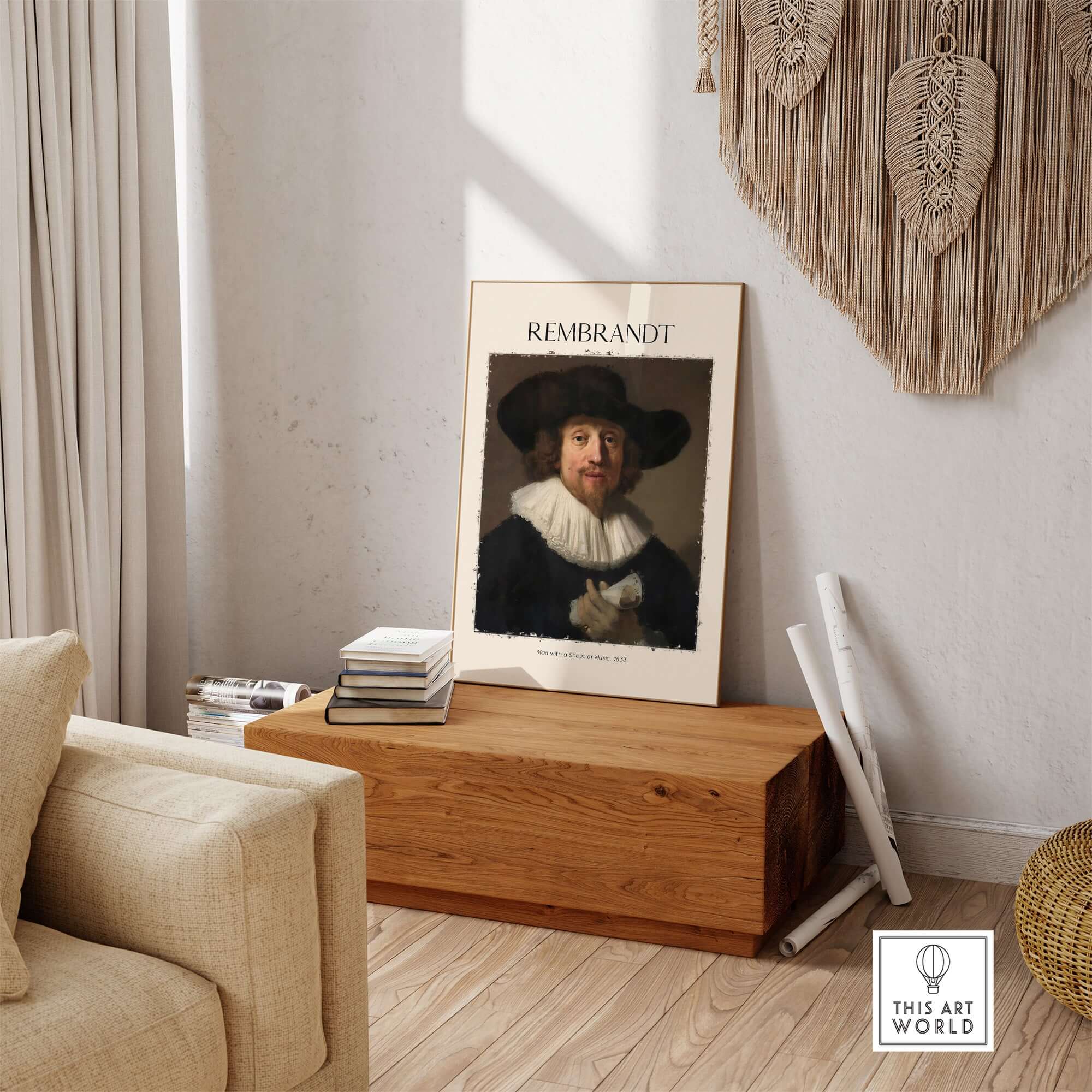 Rembrandt Man with Sheet Music 1633 Portrait Art Print Dutch Master Poster displayed in a stylish living room setting.