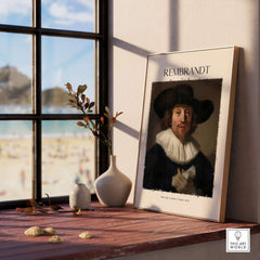 Rembrandt Man with Sheet Music 1633 Portrait Art Print Dutch Master Poster displayed in a stylish interior setting.