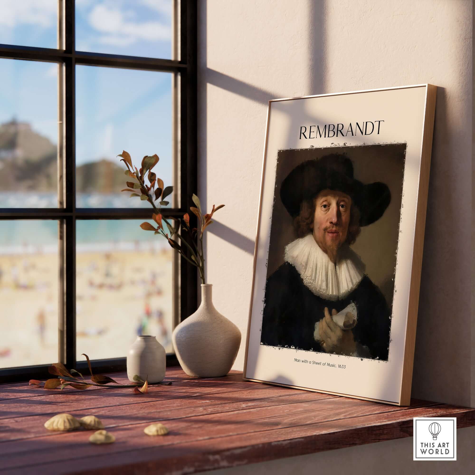 Rembrandt Man with Sheet Music 1633 Portrait Art Print Dutch Master Poster displayed in a stylish interior setting.