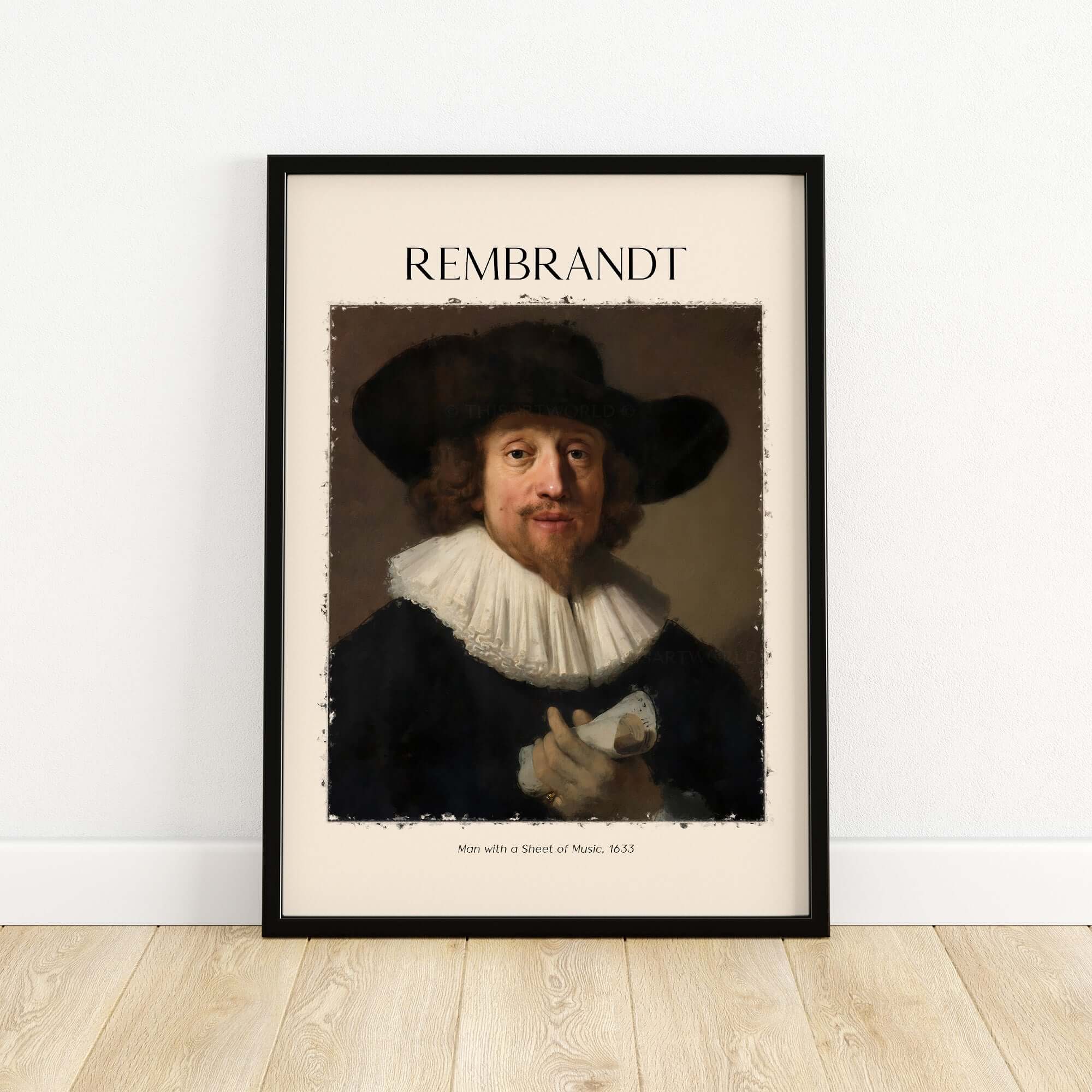Rembrandt Man with Sheet Music 1633 Portrait Art Print Dutch Master Poster framed wall art with classic portrait.