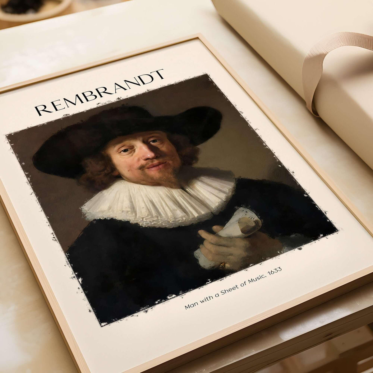 Rembrandt Man with Sheet Music 1633 Portrait Art Print Dutch Master Poster featuring a gentleman in a large hat and ruff.