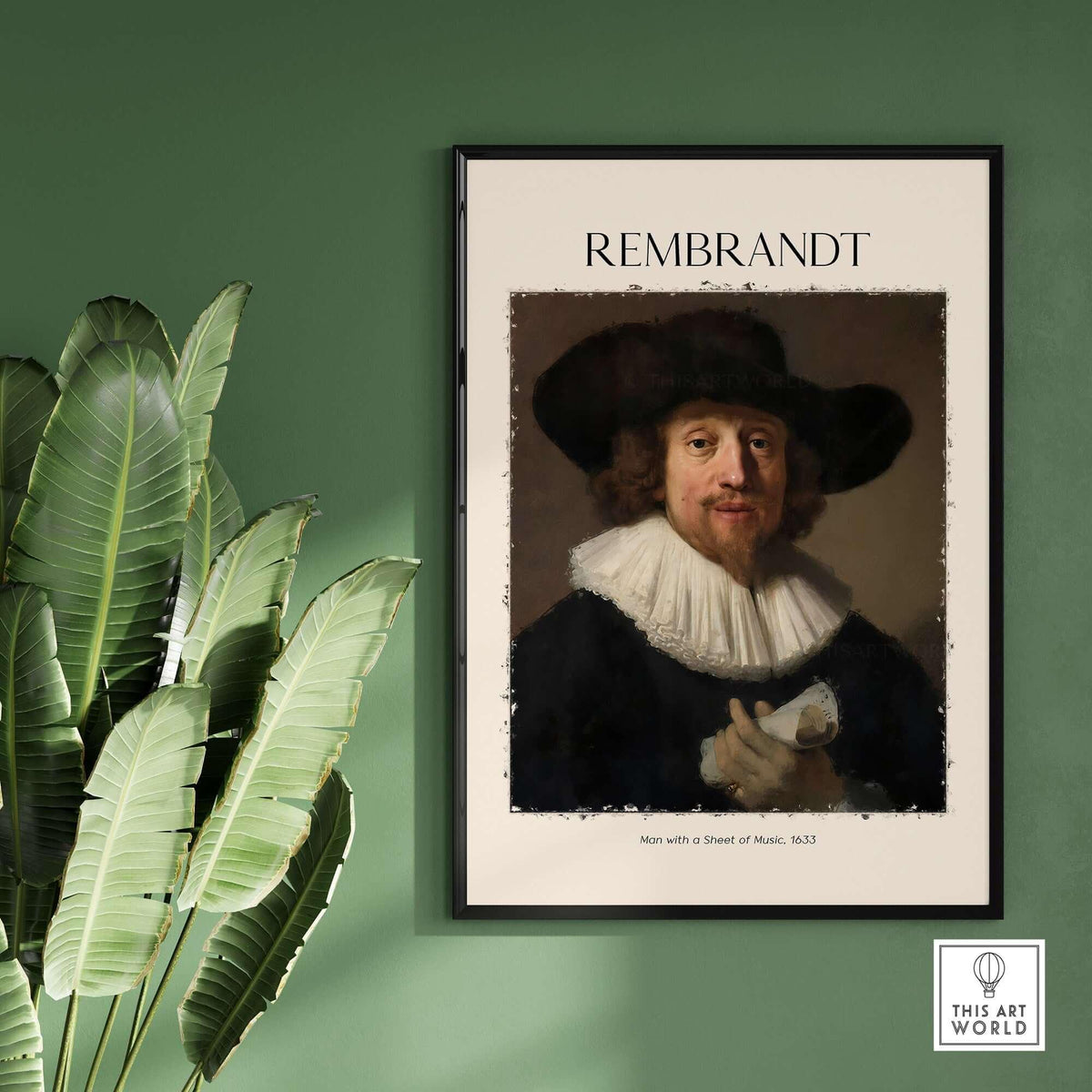 Rembrandt Man with Sheet Music 1633 Portrait Art Print Dutch Master Poster displayed in a stylish indoor setting.