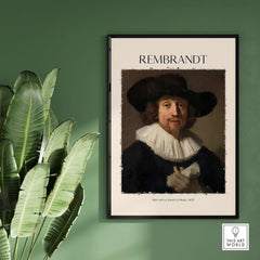 Rembrandt Man with Sheet Music 1633 Portrait Art Print Dutch Master Poster displayed in a stylish indoor setting.