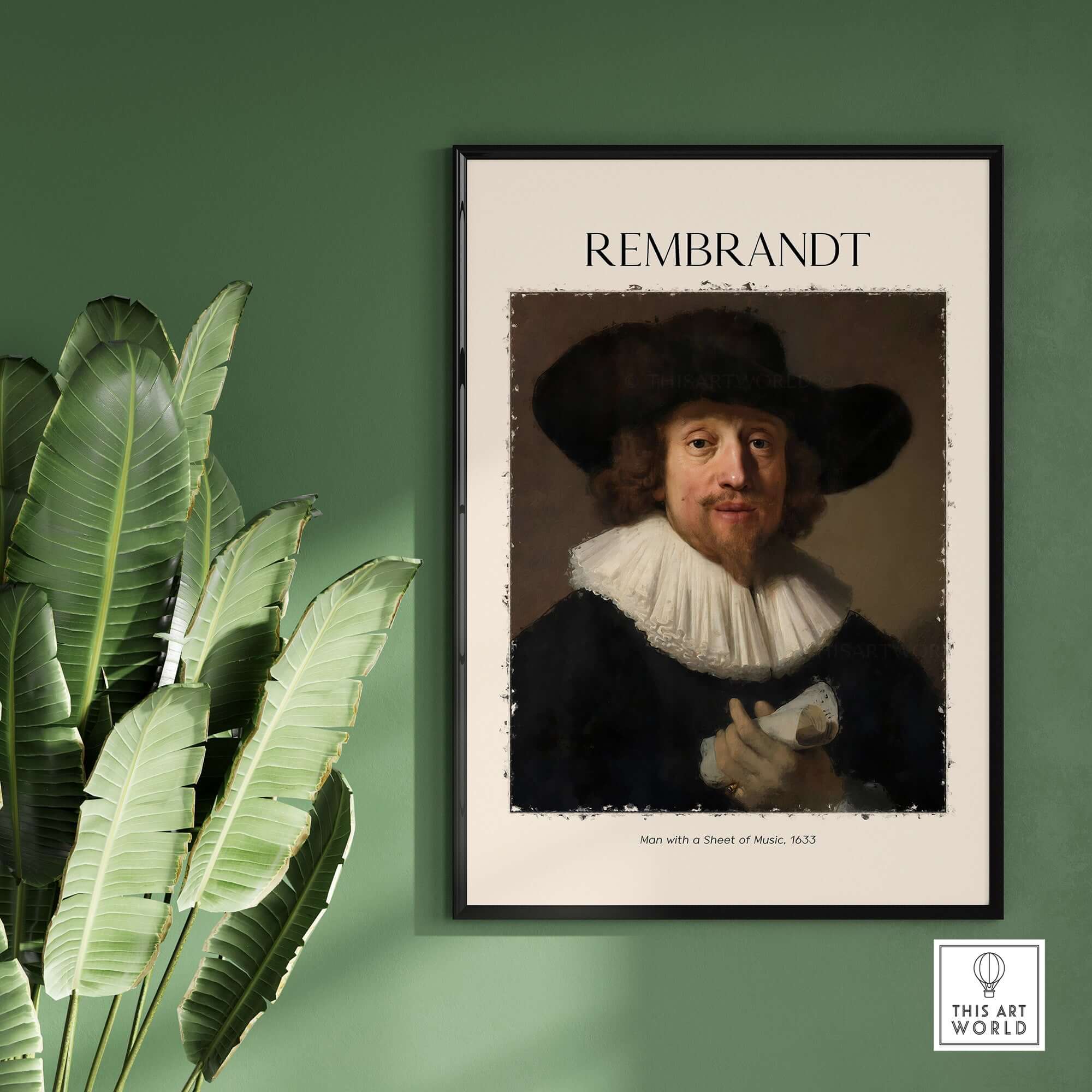 Rembrandt Man with Sheet Music 1633 Portrait Art Print Dutch Master Poster displayed in a stylish indoor setting.