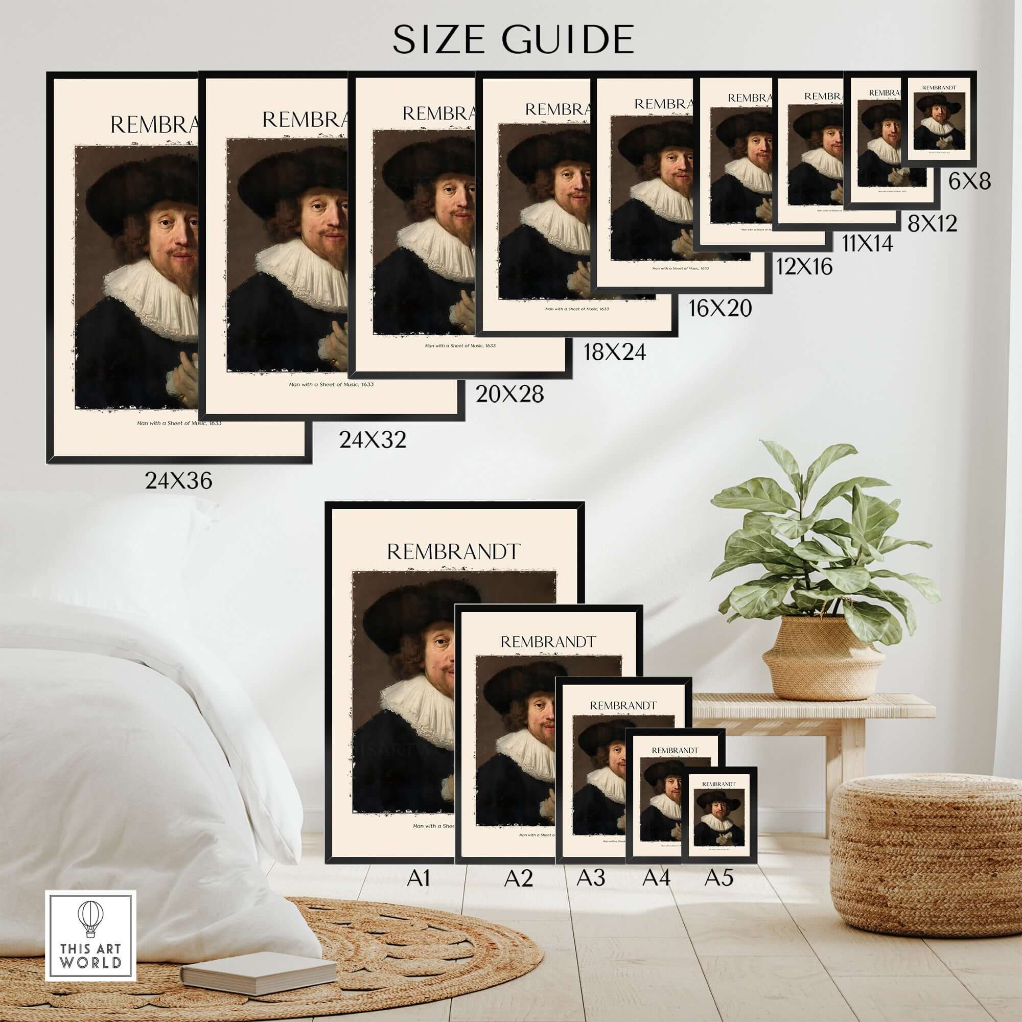 Rembrandt Man with Sheet Music 1633 Portrait Art Print Dutch Master Poster size guide with various frame options