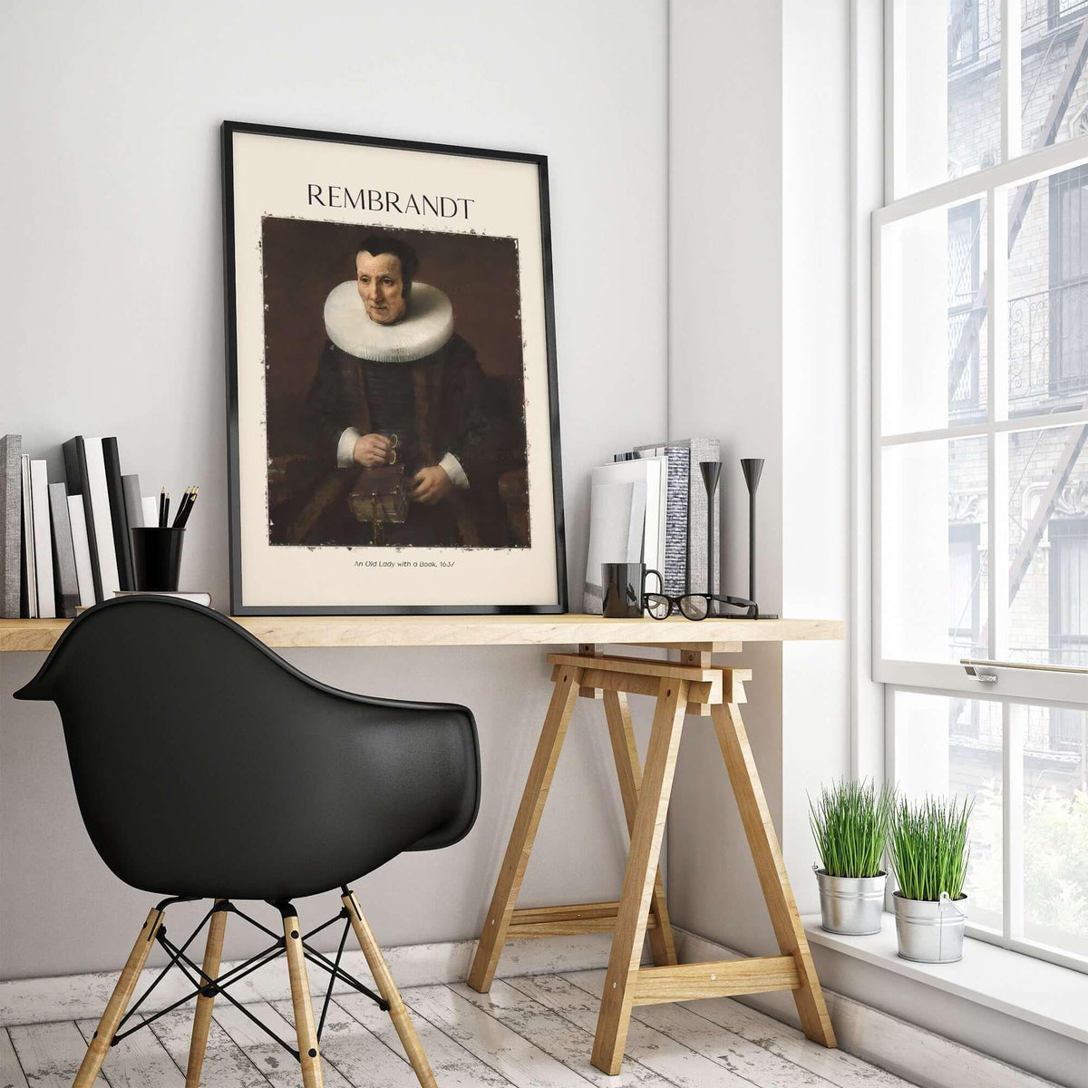 Rembrandt Old Lady with Book 1637 Portrait Print Dutch Golden Age Poster Art displayed in a modern workspace setting.