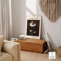 Rembrandt Old Lady with Book 1637 Portrait Print Dutch Golden Age Poster Art displayed in a cozy living room setting.