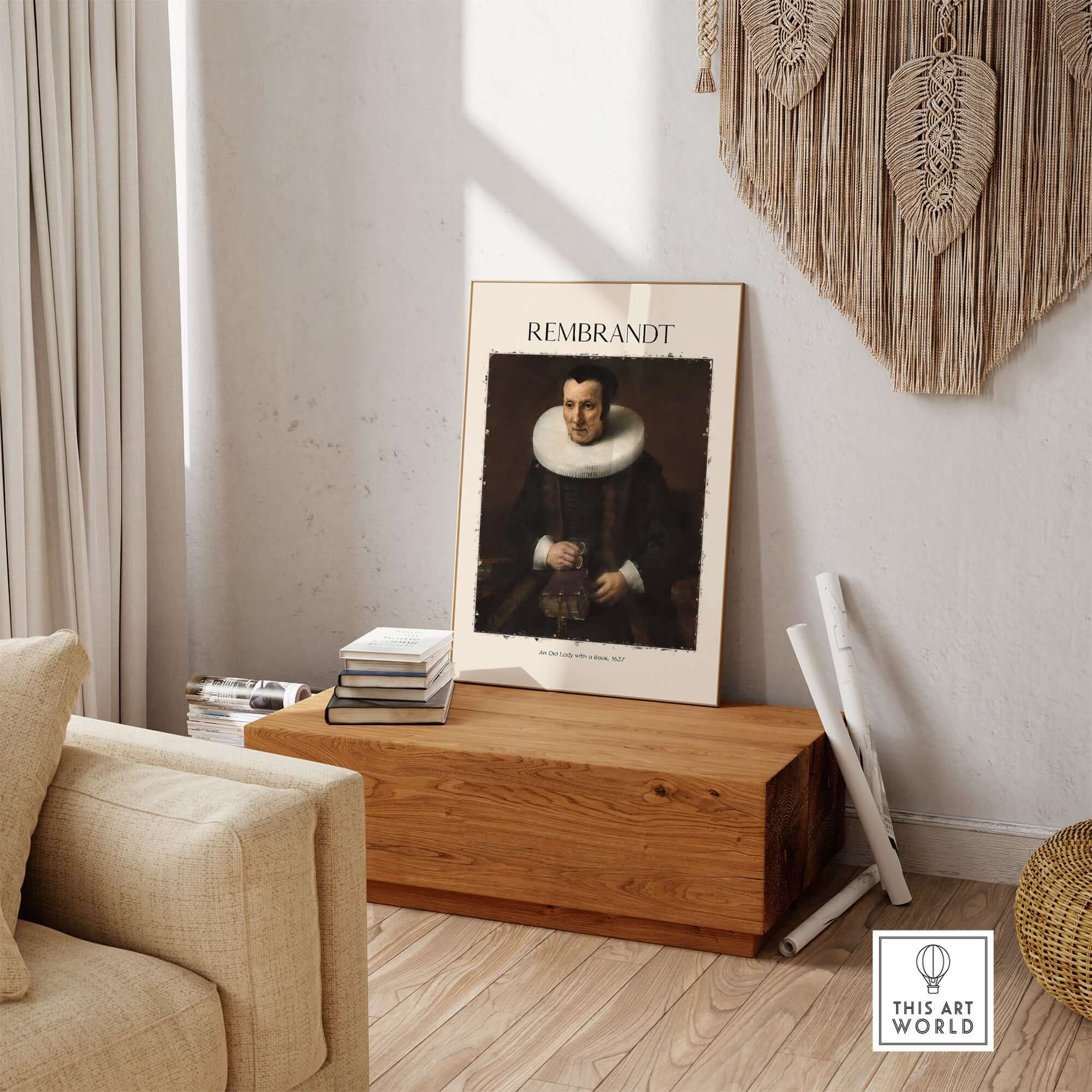 Rembrandt Old Lady with Book 1637 Portrait Print Dutch Golden Age Poster Art displayed in a cozy living room setting.